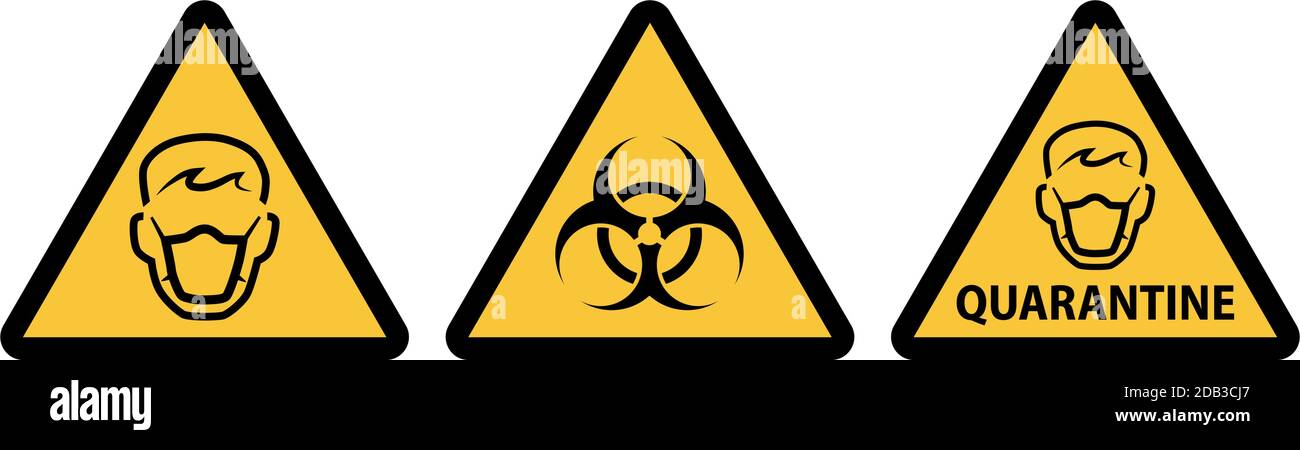 Gelb schwarz Atemschutz Quarantäne und Biohazard Warnschilder mit Dreieckige Form Stock Vektor
