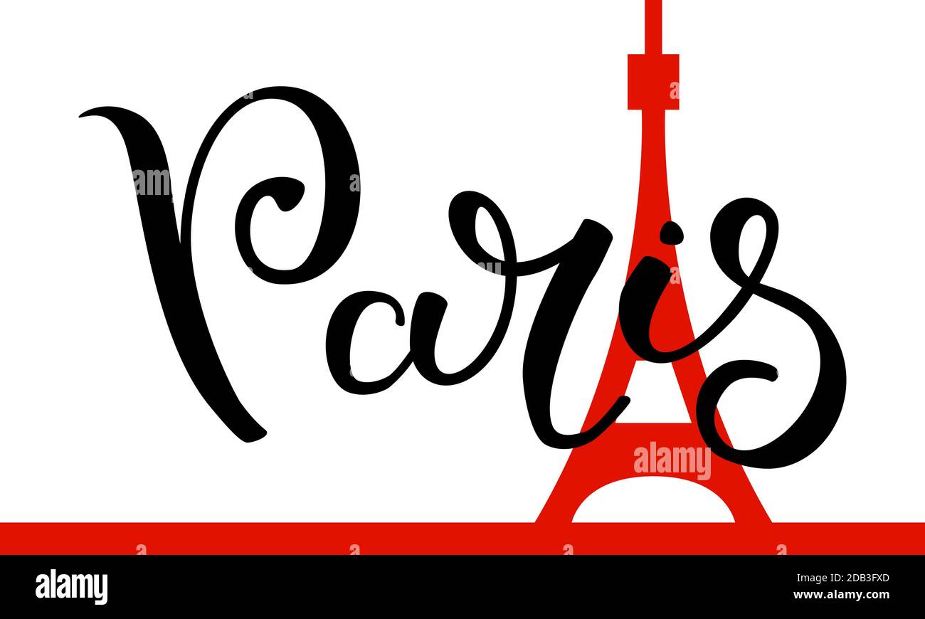Handschriftzug Paris mit dem Eiffelturm im Hintergrund. Vorlage für Karte, Poster, Druck. Stock Vektor