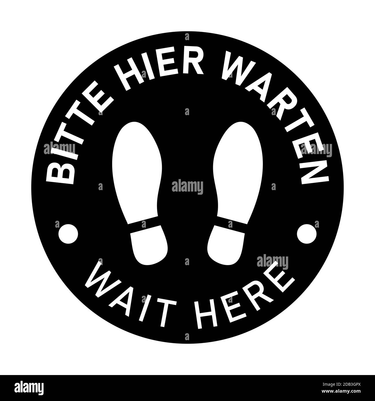 Zweisprachiges Deutsch & Englisch Runder Boden Markierungssymbol mit Schuhabdrücken mit den Phrasen 'Bitte hier warten' und 'Bitte warten'. Vektorbild. Stock Vektor