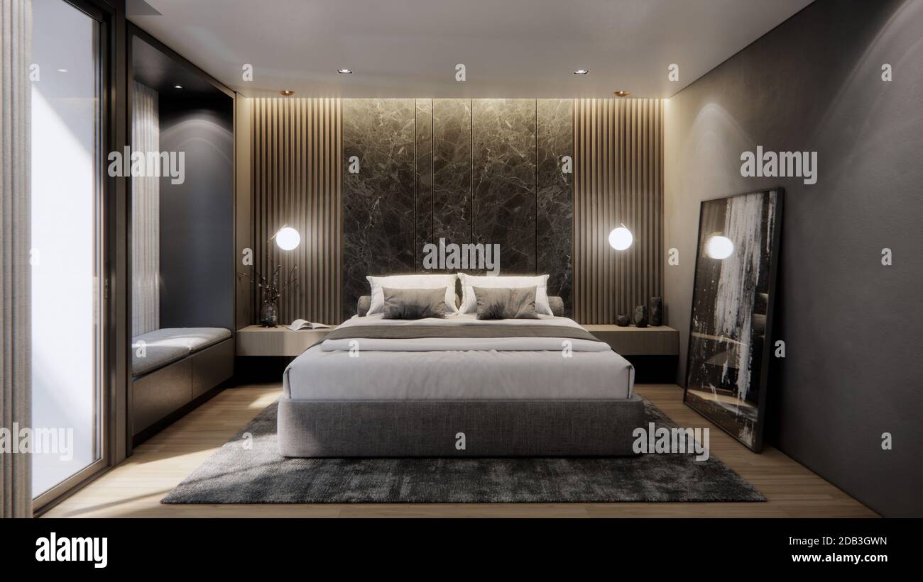 Interieur des modernen Luxus-Schlafzimmer mit Doppelbett und Marmorwand, 3D-Rendering Hintergrund Stockfoto