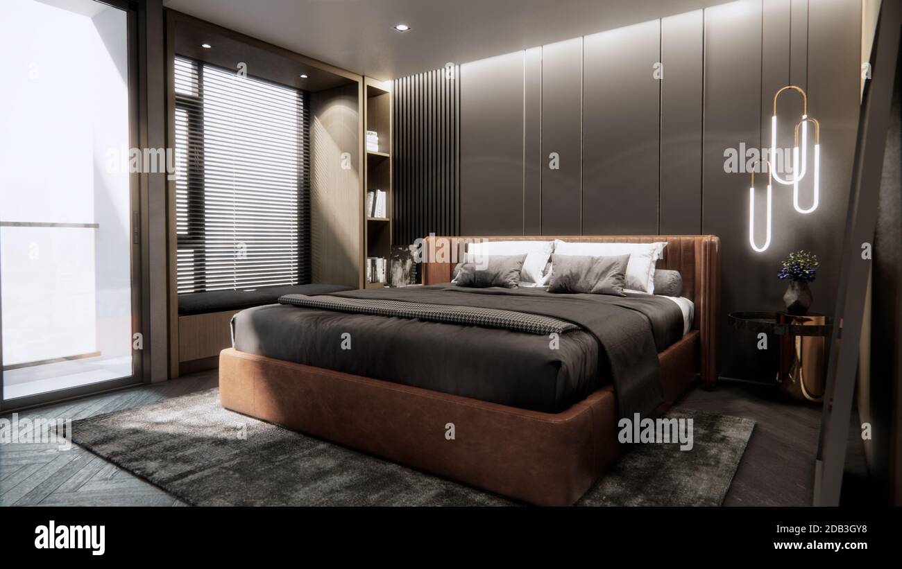 Interieur des modernen Luxus-Schlafzimmer mit Doppelbett, 3D-Rendering Stockfoto