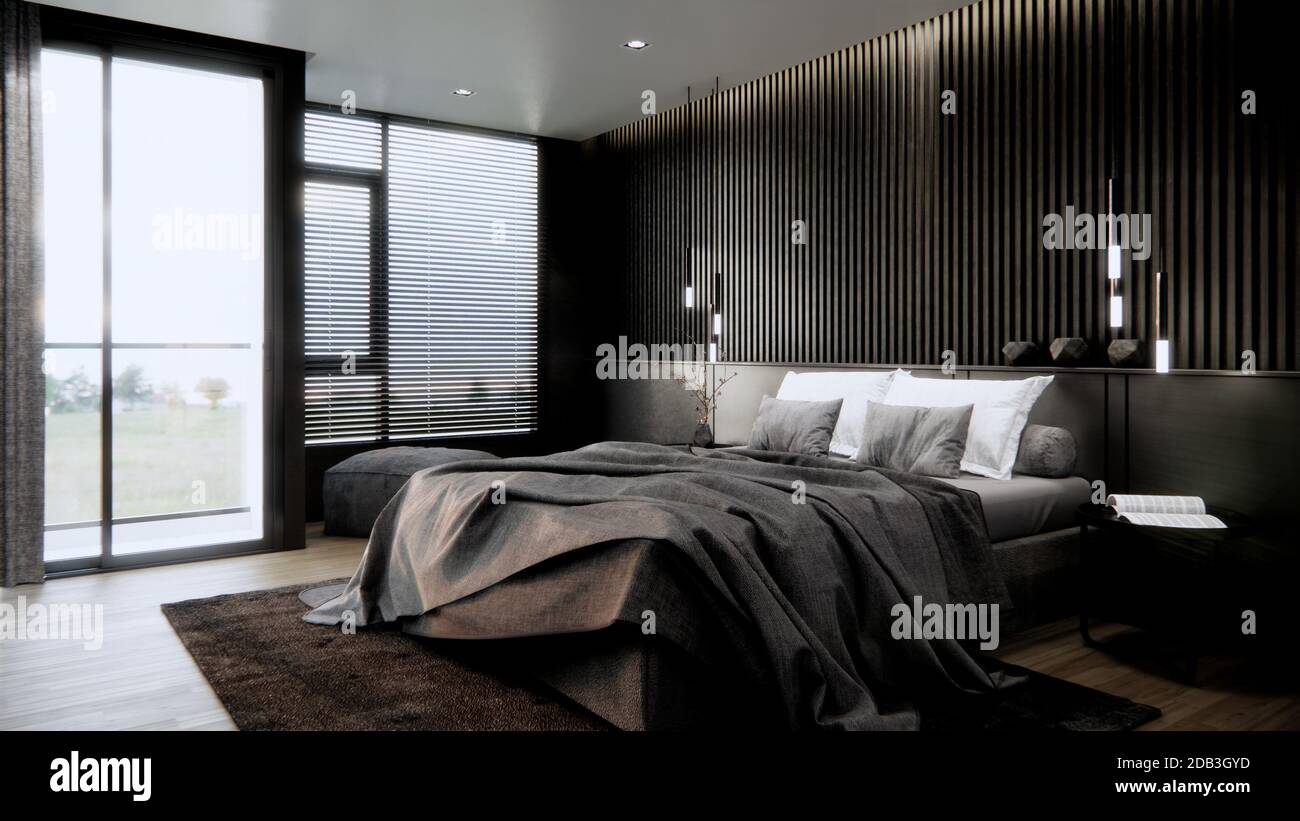 Modernes Schlafzimmer-Interieur in Schwarz mit Möbeln,  3d-Rendering-Hintergrund Stockfotografie - Alamy