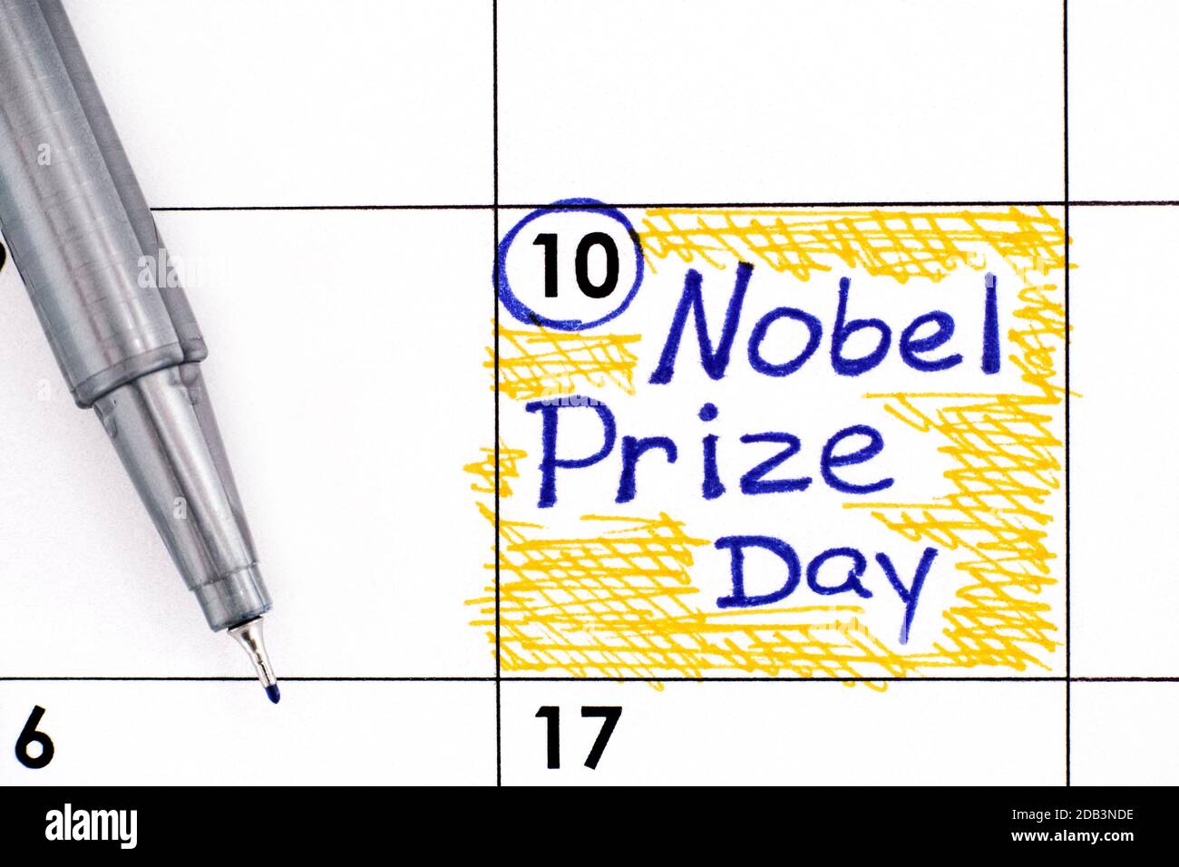 Erinnerung Nobel Prize Day im Kalender mit Stift. Dezember 10. Stockfoto