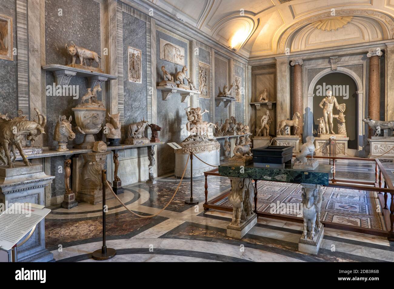 Saal der Tiere (Sala degli Animali) Interieur mit Tier Themen antike Kunstwerke in Pio Clementino Museum, Vatikanische Museen, Rom, Italien Stockfoto