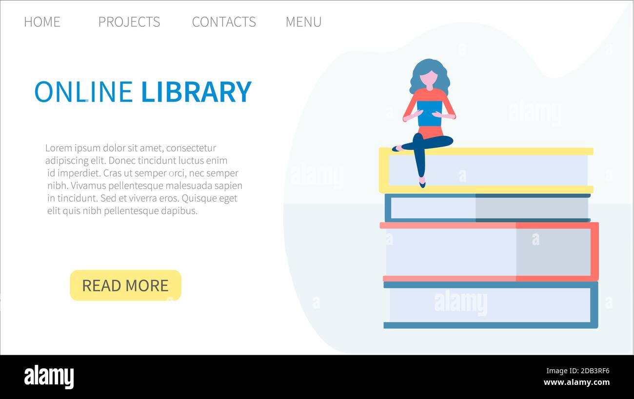 Online-Bibliothek, E-Book, digitale Buchhandlung, E-Lesung, Online-Lernen, Bildungskonzept. Vorlage für Landing-Page. Vektorgrafik in flacher Ausführung Stock Vektor