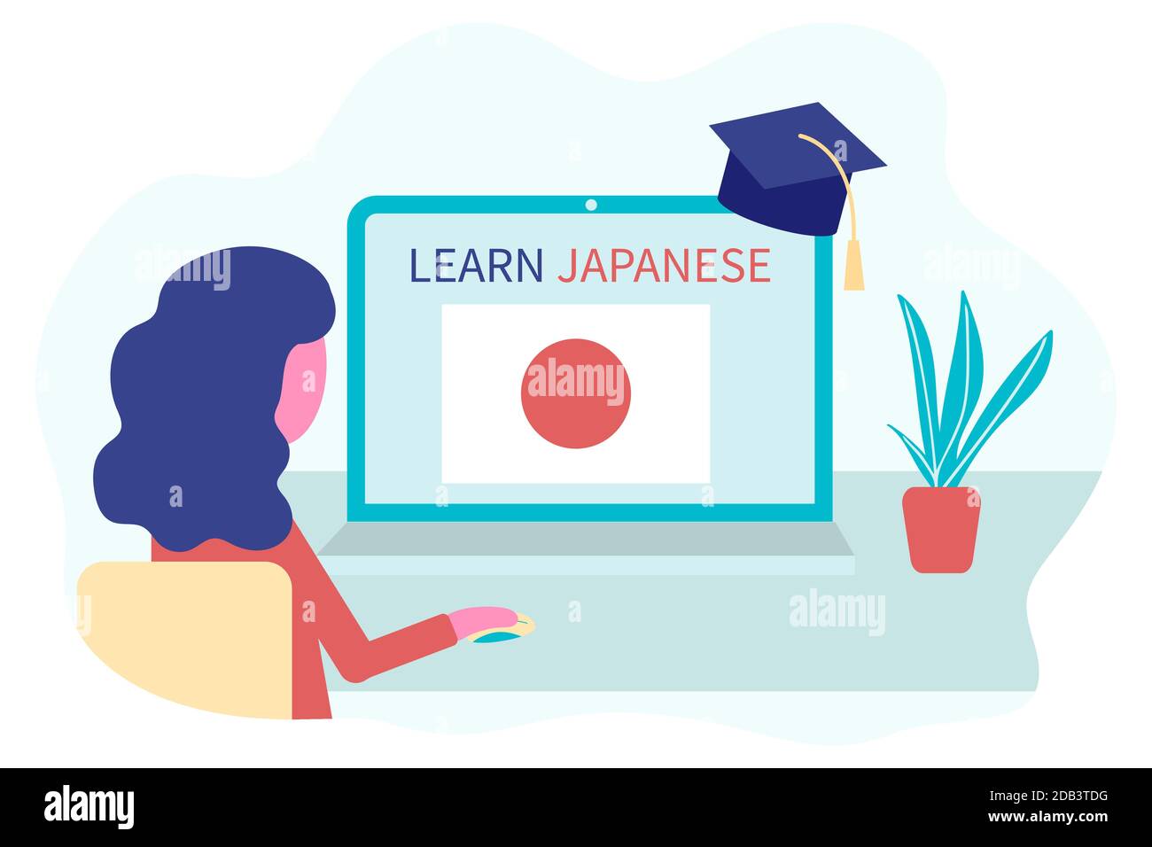 Online Japanisch lernen, Fernunterricht, lernen Konzept. Sprachkurse und Sprachkurse. Studentin studiert Fremdsprachen auf einer Website in einem Stock Vektor