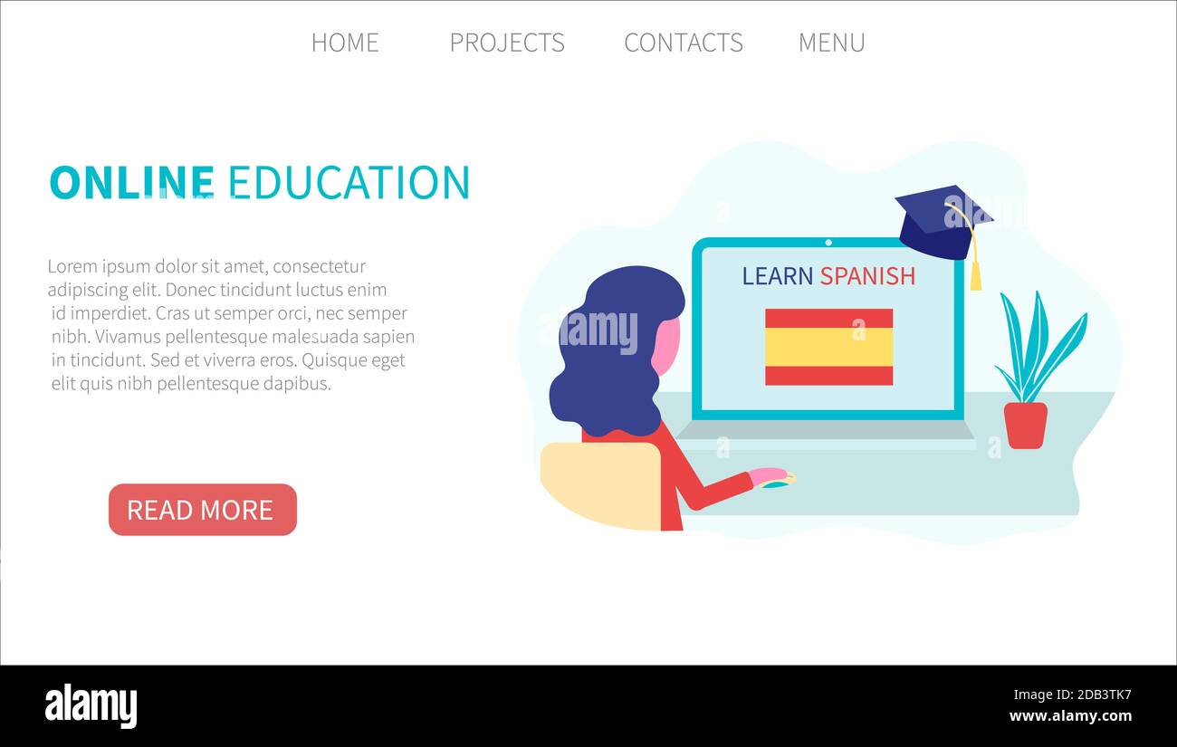 Vorlage für Landing-Page. Online Spanisch lernen, Fernunterricht Konzept. Sprachkurse und Sprachkurse. Studentin studiert Fremdsprachen auf Stock Vektor