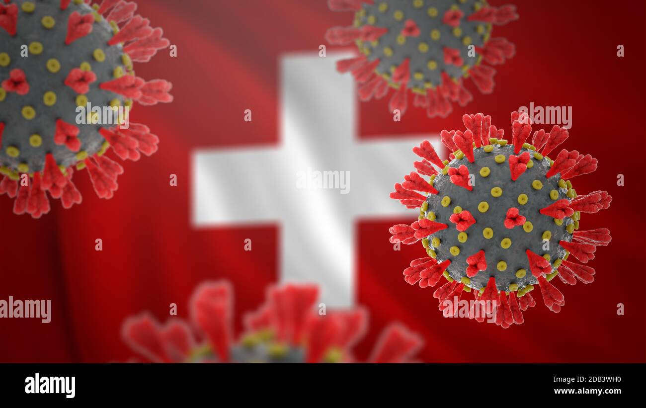 Ausbruch der Coronavirus-Epidemie in der Schweiz. Konzept der Ausbreitung von Pandemien mit Schweizer Flagge im Hintergrund. Infektiöses Virus, das COVID-19 d verursacht Stockfoto