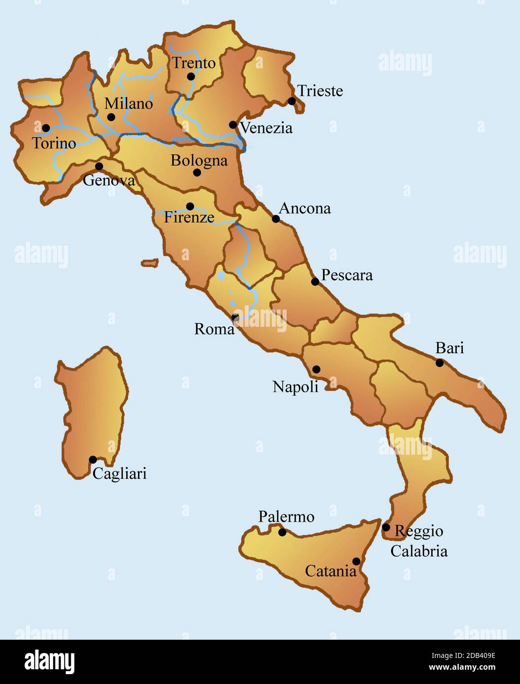 Karte von Italien, aufgeteilt in 20 Regionen. Schwarze Punkte stehen für die wichtigsten Städte