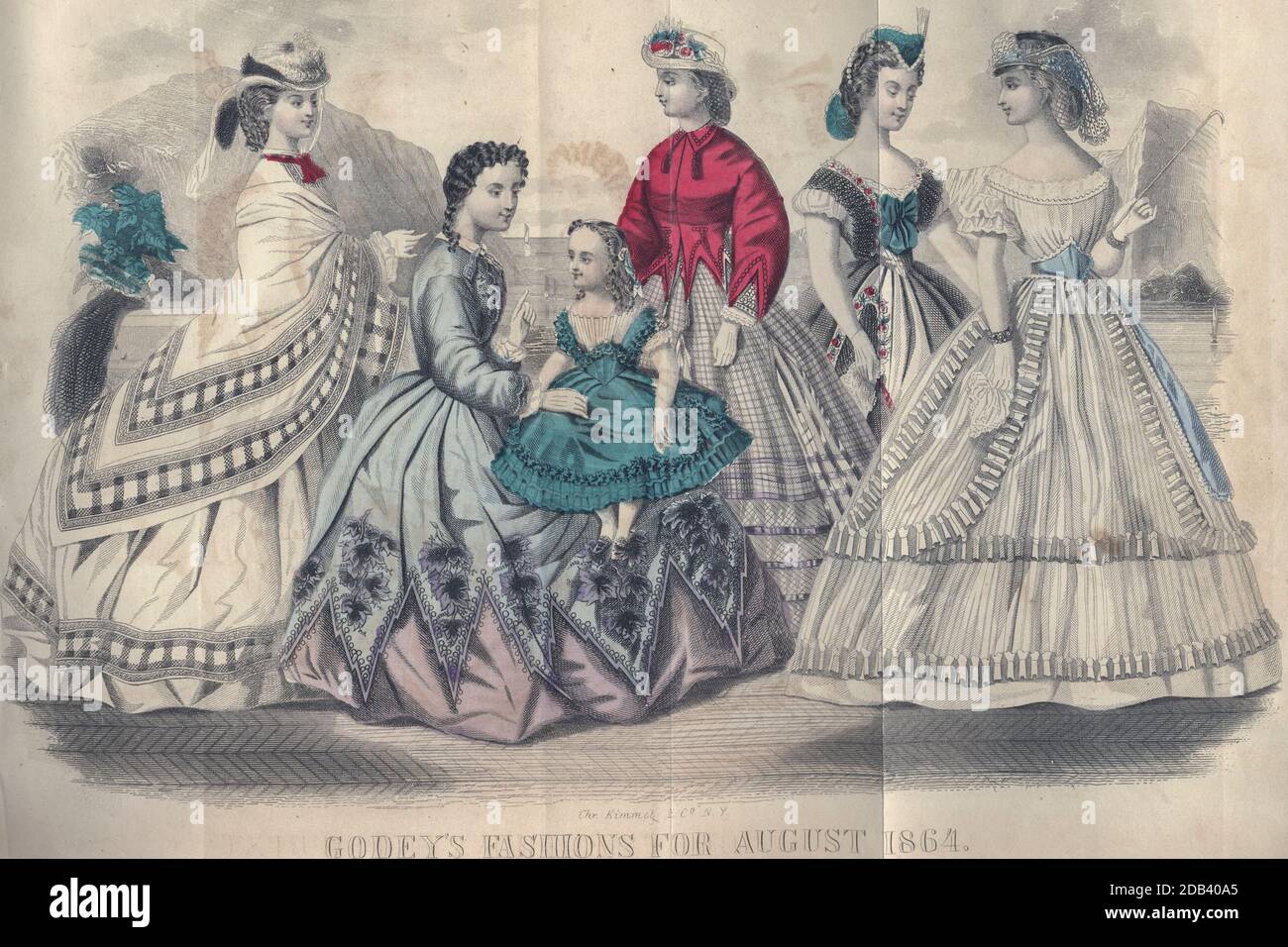 Godeys Mode für August 1864 aus Godeys Lady's Book and Magazine, August 1864, Band LXIX, (Band 69), Philadelphia, Louis A. Godey, Sarah Josepha Hale, Stockfoto