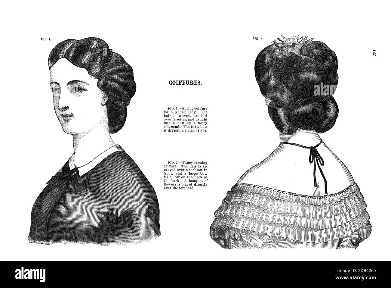 Coiffures - Frauenhairstyling aus Godeys Lady's Book and Magazine, Marc, 1864, Band LXIX, (Band 69), Philadelphia, Louis A. Godey, Sarah Josepha Hale, Stockfoto