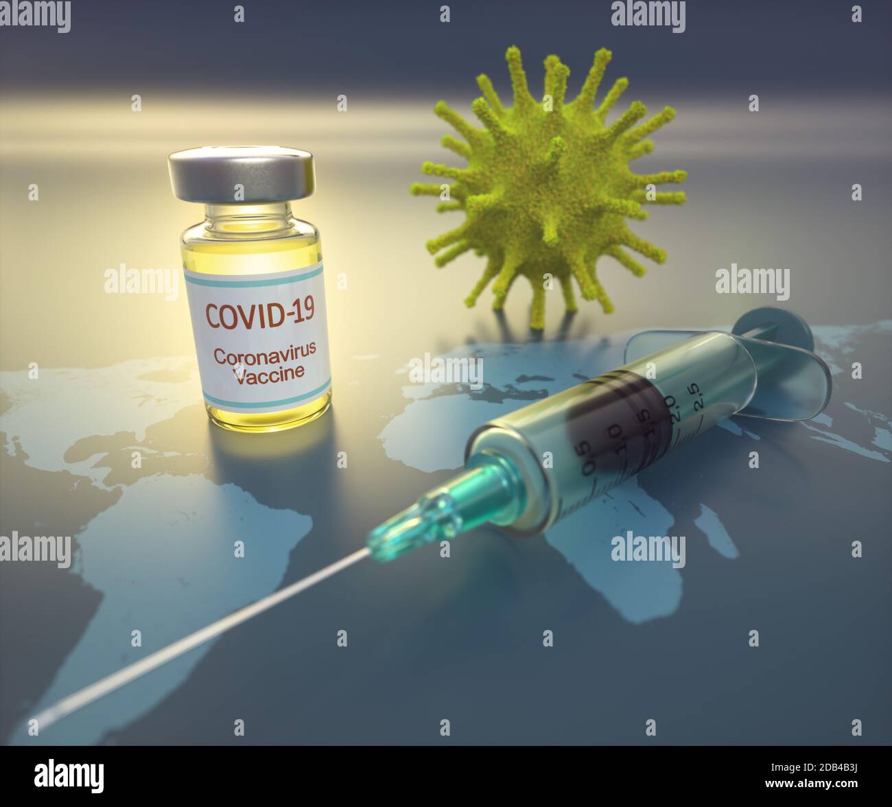 Konzeptionelles Bild für die Entdeckung eines Impfstoffs für die Covid-19, Coronavirus, 2019-nCoV, SARS-COV-2. 3D-Abbildung. Stockfoto