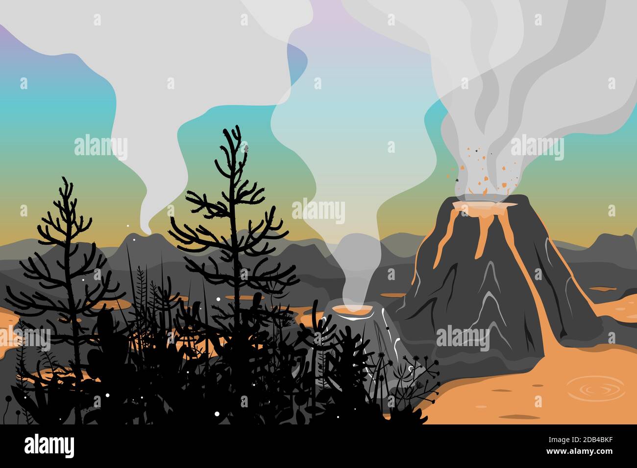 Prähistorische Landschaft mit jurassischer Flora und Vulkanausbruch, Lava und rauchigen Himmel. Vektor-Hintergrund mit Bergen und Vulkanen in flachen Cartoon Stock Vektor