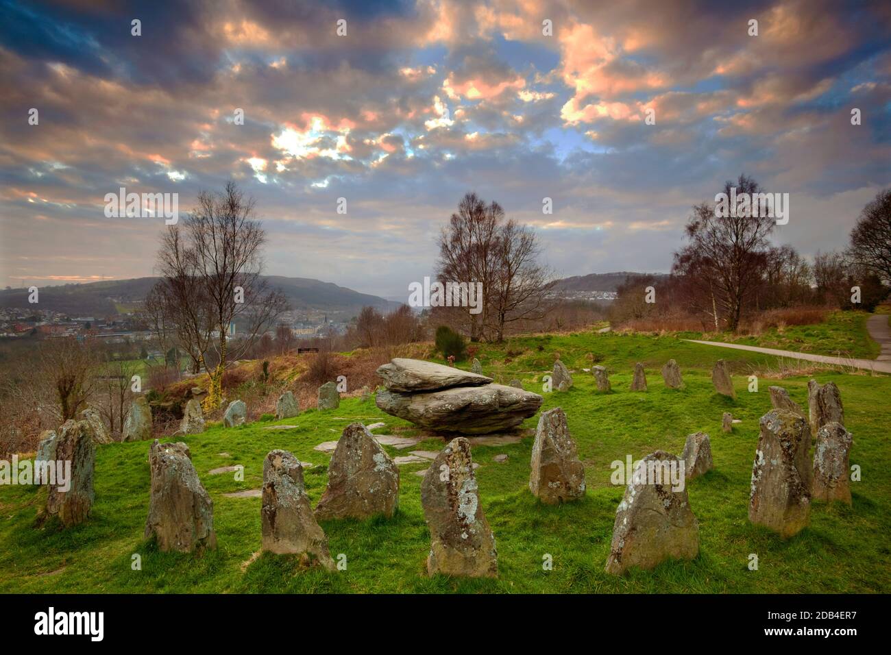 Y Garreg Siglo Bardic Complex, Ancient Gorsedd Stones, Pontypridd, Rhondda Cynon Taff, South Wales, Großbritannien Stockfoto