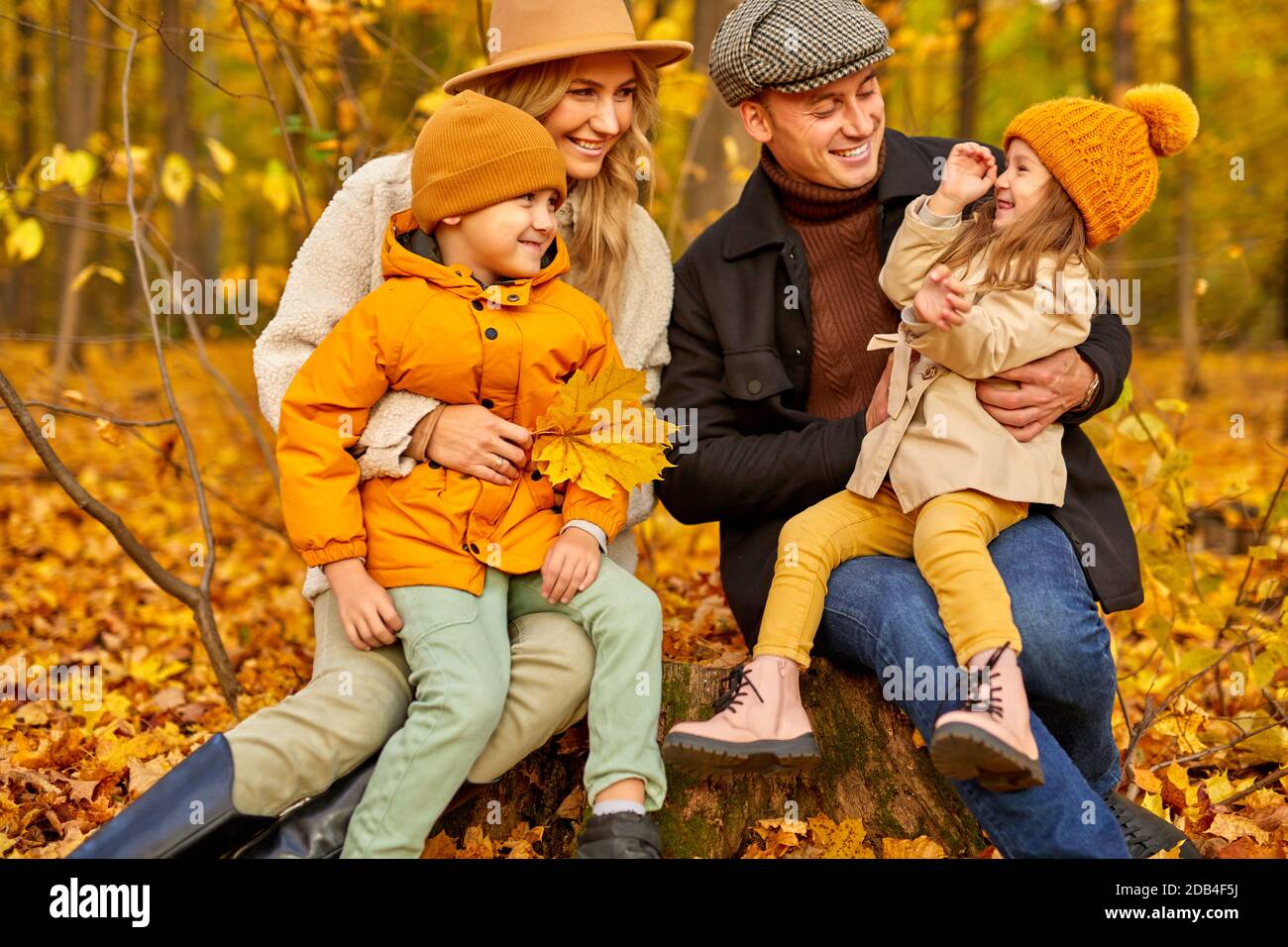 Familie haben Freizeit im Herbst Park oder Wald, glücklich lachend lächelnd, tragen warme Mäntel, sitzen umgeben von Herbstblättern und Bäumen. Portrait Stockfoto Familie haben Freizeit im Herbst Park oder Wald, glücklich lachend lächelnd, tragen warme Mäntel, sitzen umgeben von Herbstblättern und Bäumen. Portrait Stockfoto