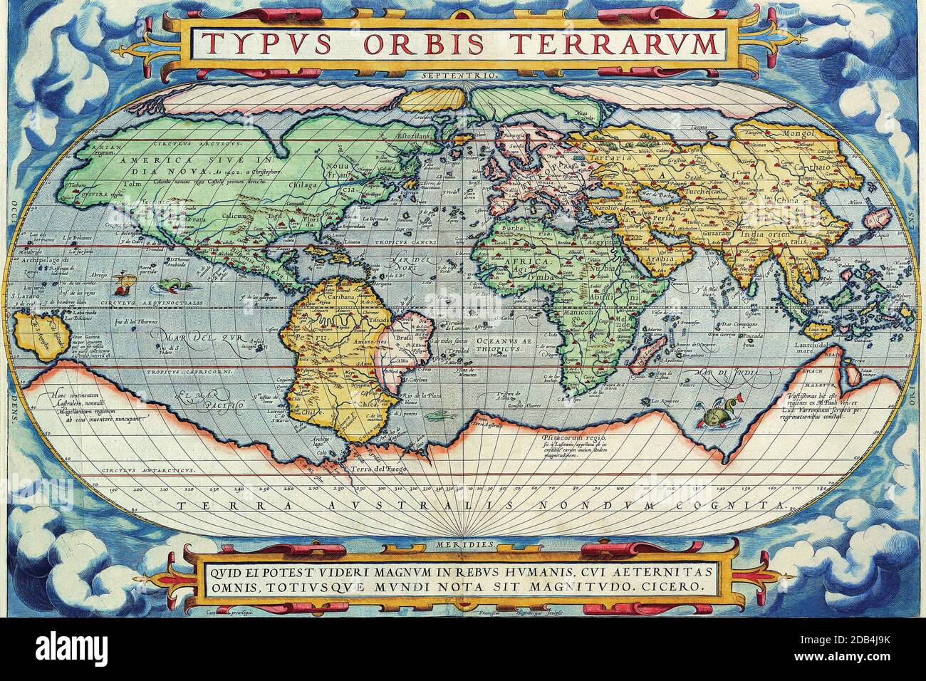 'Abraham Ortelius (Abraham Ortelius) (14. April 1527 ? 28. Juni 1598) war ein flämischer Kartograph und Geograph, allgemein anerkannt als Schöpfer des ersten modernen Atlas, des Theatrum Orbis Terrarum (Theater der Welt). Er wird auch geglaubt, um die erste Person zu sein, die sich vorstellt, dass die Kontinente zusammengeschlossen wurden, bevor sie zu ihren gegenwärtigen Positionen driftten. 1564 vollendete er eine 'Appemonde', achtblättrige Weltkarte, die später in reduzierter Form im Theatrum erschien. Die einzige erhaltene Kopie dieser großartigen Karte befindet sich in der Bibliothek der Universität Basel. Am 20. Mai 1570, Gill Stockfoto