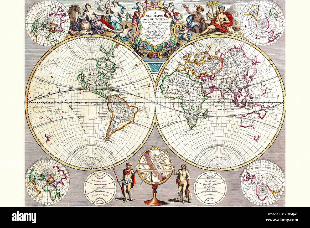 Stereographische Projektion der östlichen und westlichen Hemisphären, verziert mit einheimischen Völkern in Kostümen und anderen Exotika und Einsätzen polarer Projektionen und Himmelsbahnen. Stockfoto