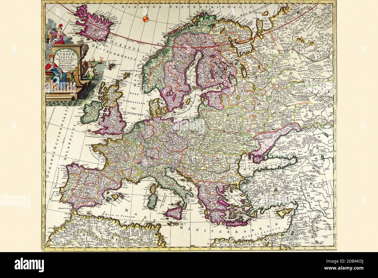 Die Familie Allard führte in der zweiten Hälfte des 17. Jahrhunderts ein aktives Verlagsgeschäft in Amsterdam. Die meisten ihrer Publikationen bestanden aus Atlanten, die sich aus Karten und Stadtplänen ihrer berühmtesten Vorgänger, Blaeu, Jansson, de Wit, Visscher und anderen, zusammensetzten, aber eine ihrer attraktivsten und interessantesten Blatt-Karten war von Neuengland (Hugo Allard, 1656), basierend auf Jansson, Die einen Blick auf New Amsterdam von C. J. Visscher.. Stockfoto