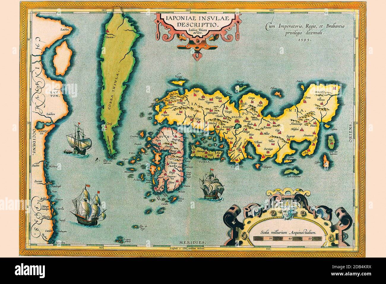 'Abraham Ortelius (Abraham Ortels) (14. April 1527 ? 28. Juni 1598) war ein flämischer Kartograph und Geograph, allgemein anerkannt als Schöpfer des ersten modernen Atlas, des Theatrum Orbis Terrarum (Theater der Welt). Er wird auch geglaubt, um die erste Person zu sein, die sich vorstellt, dass die Kontinente zusammengeschlossen wurden, bevor sie zu ihren gegenwärtigen Positionen driftten. 1564 vollendete er eine 'Appemonde', achtblättrige Weltkarte, die später in reduzierter Form im Theatrum erschien. Die einzige erhaltene Kopie dieser großartigen Karte befindet sich in der Bibliothek der Universität Basel. Am 20. Mai 1570, Gilles Stockfoto