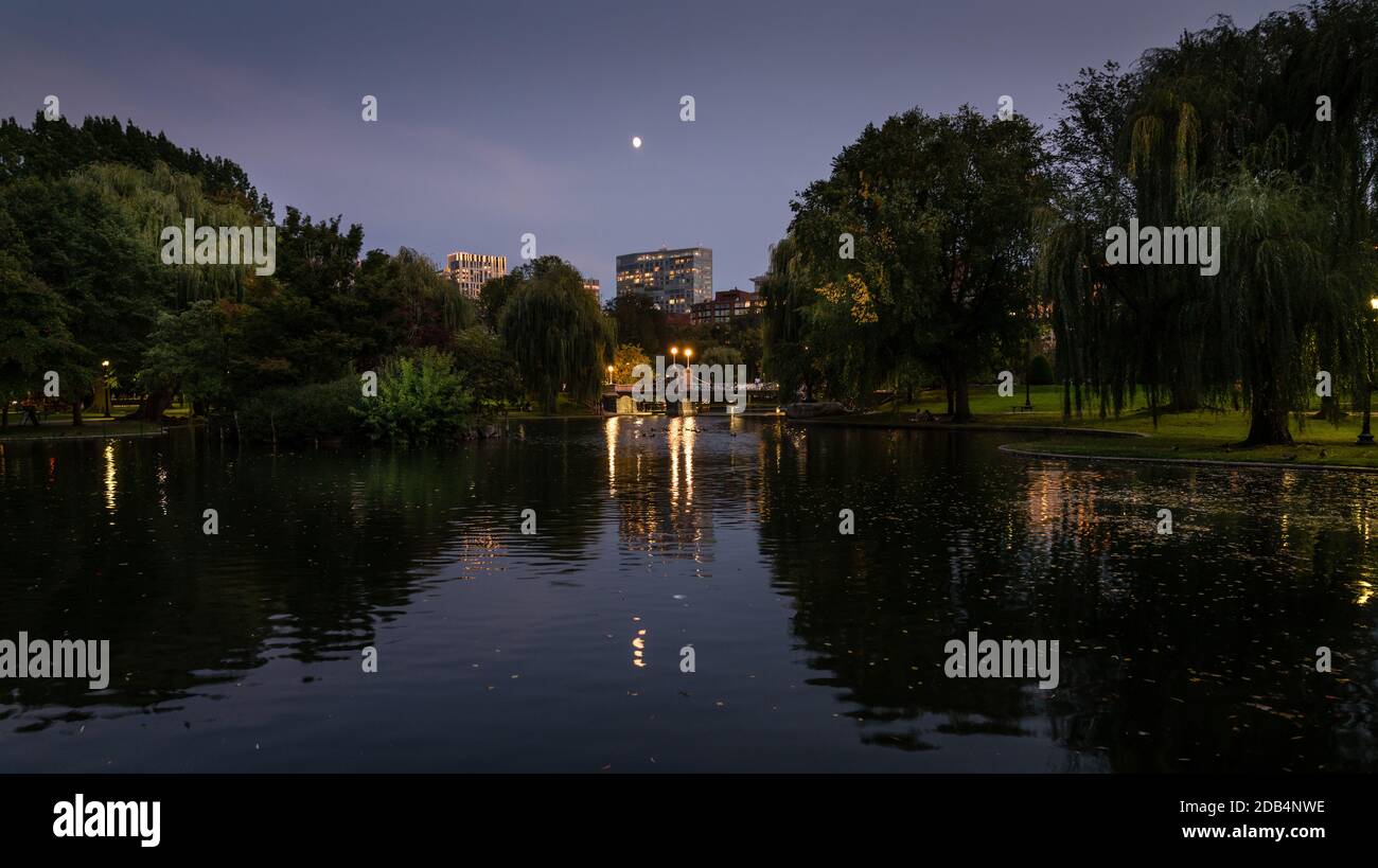 Mond spiegelt sich in einem Teich im Boston Public Garden Stockfoto