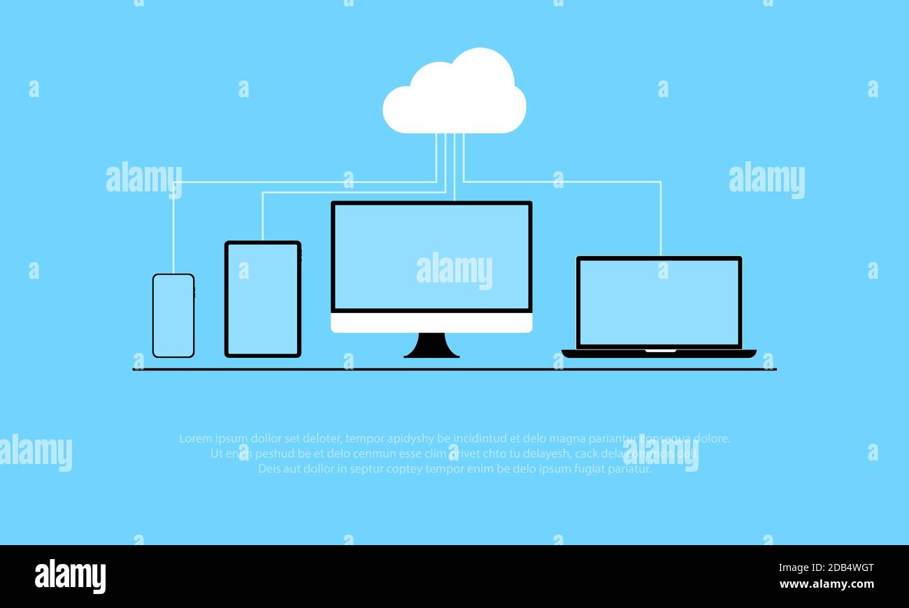 Cloud-Computing-Sicherheitskonzept mit Computer, Laptop, Tisch und Smartphone, Datenschutz, Vektorgrafik flach. Stock Vektor