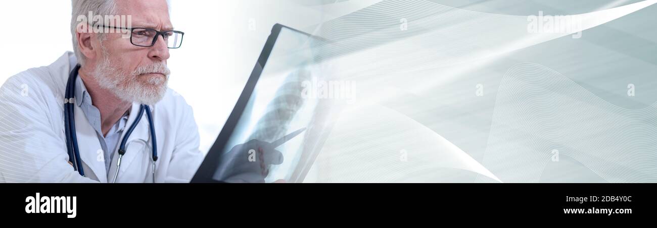 Arzt beim Betrachten des Röntgenberichts; Panorama-Banner Stockfoto