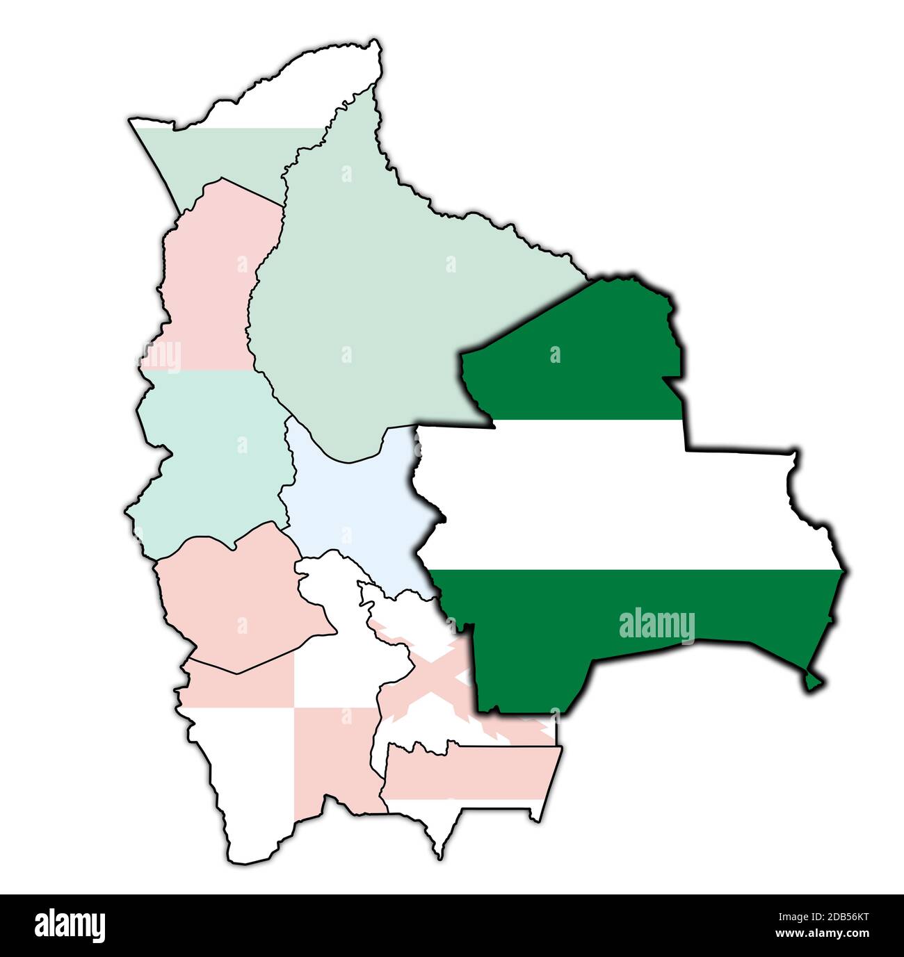 Gebiet und Flagge der Region Santa Cruz auf der Karte mit Verwaltungseinteilungen und Grenzen Boliviens mit Beschneidungspfad Stockfoto