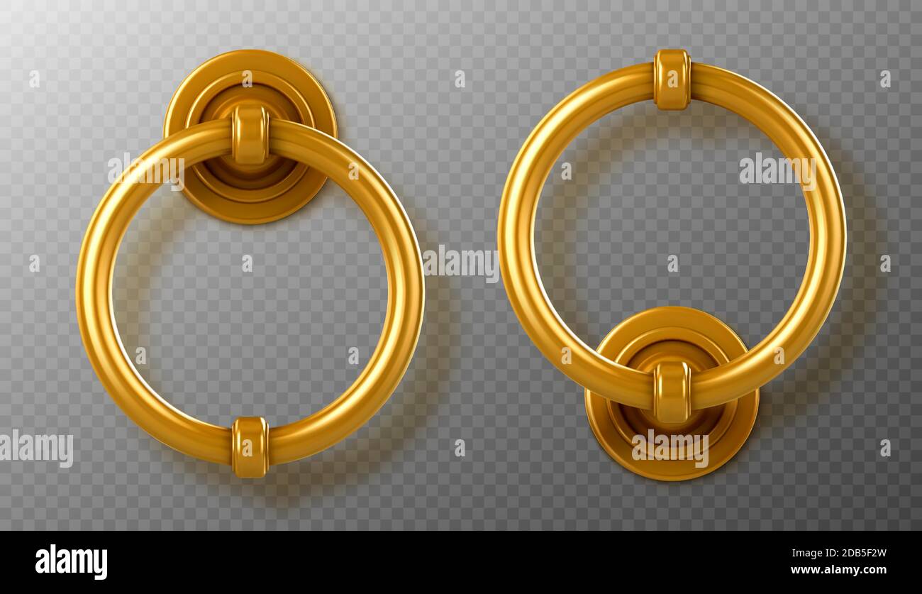 Realistische Gold Türknocker Griffe, goldene Ring Knöpfe, glänzend vintage Metall Türknauf, Element für Innen-oder Außenbereich Design isoliert auf transparentem Hintergrund, 3d-Vektor-Illustration, Symbol, Clipart Stock Vektor