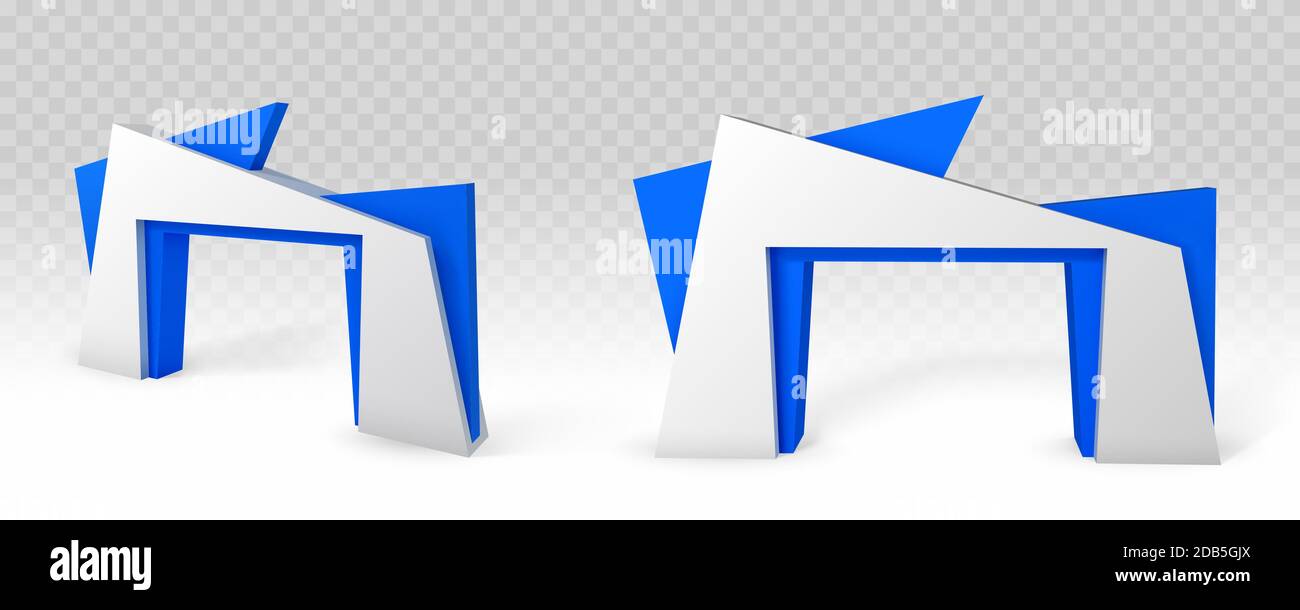 Eingang zum Ausstellungsstand isoliert auf transparentem Hintergrund. Vector realistische Mockup von weißen und blauen Bogen für expo-Event, Werbestand. Inneneinrichtung zur Präsentation Stock Vektor