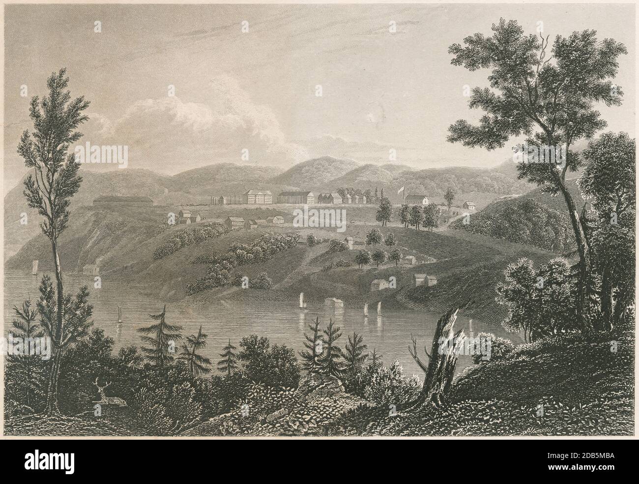 Antike c1830 Gravur, Military School West Point NY. Die United States Military Academy (USMA) ist eine vierjährige Bundesdienstakademie in West Point, New York. QUELLE: ORIGINALGRAVUR Stockfoto