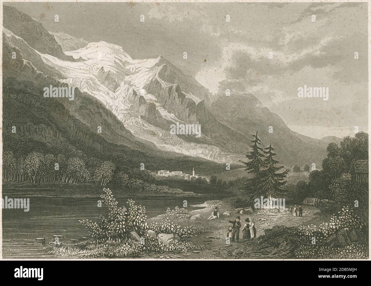 Antike c1860 Gravur, Chamouni Dorf und Tal, Schweiz. QUELLE: ORIGINALGRAVUR Stockfoto