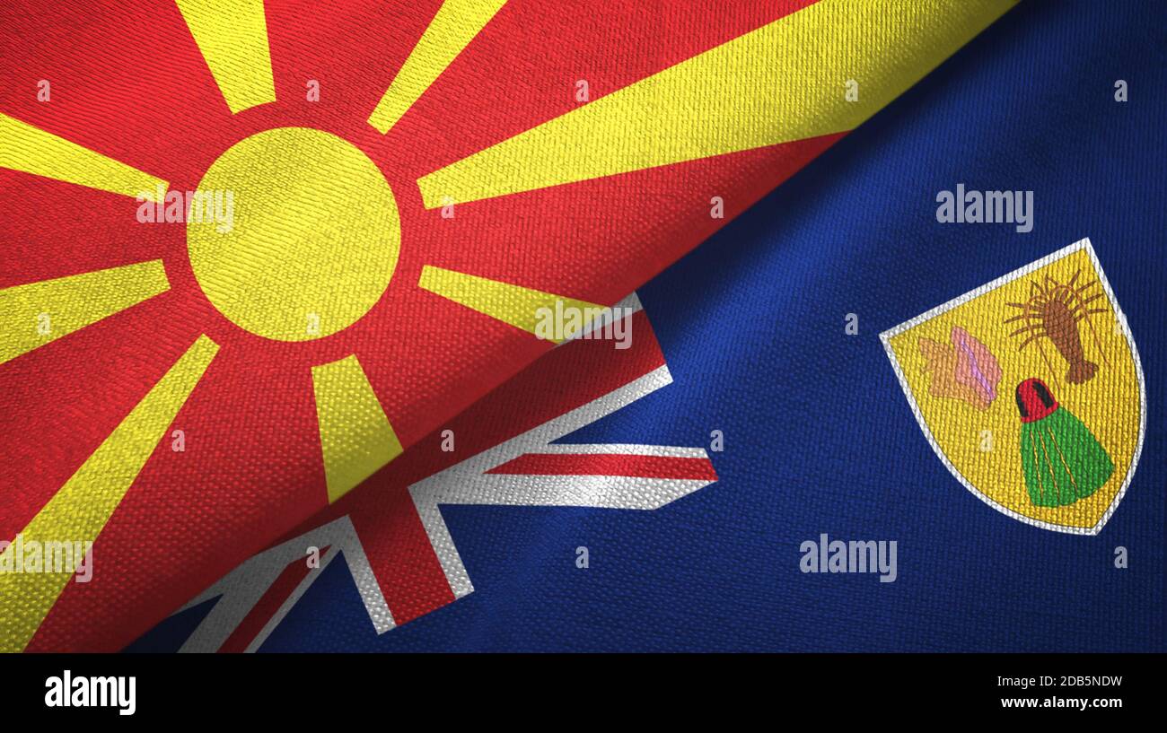 Nord-Mazedonien und Turks-und Caicos-Inseln zwei Flaggen Textil Stoff Stockfoto