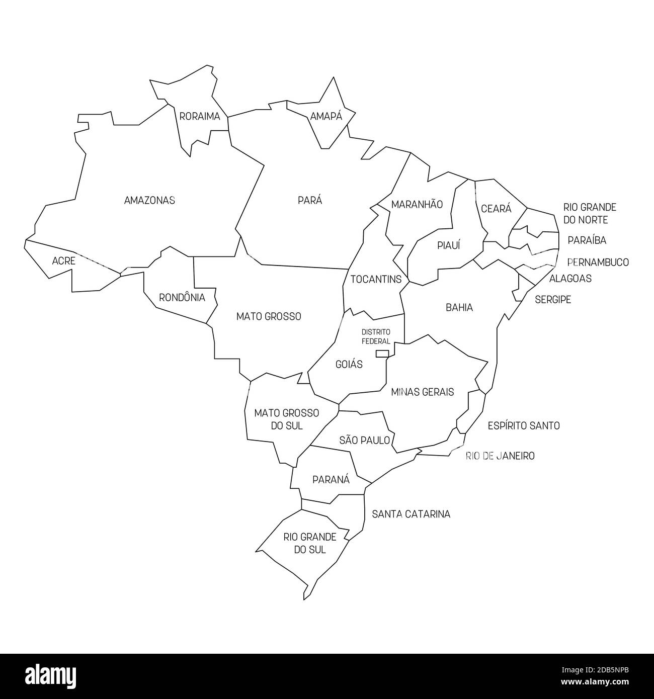 Schwarze Umrisse politische Karte von Brasilien. Verwaltungsabteilungen - Staaten. Einfache Vektorkarte mit Beschriftungen. Stock Vektor