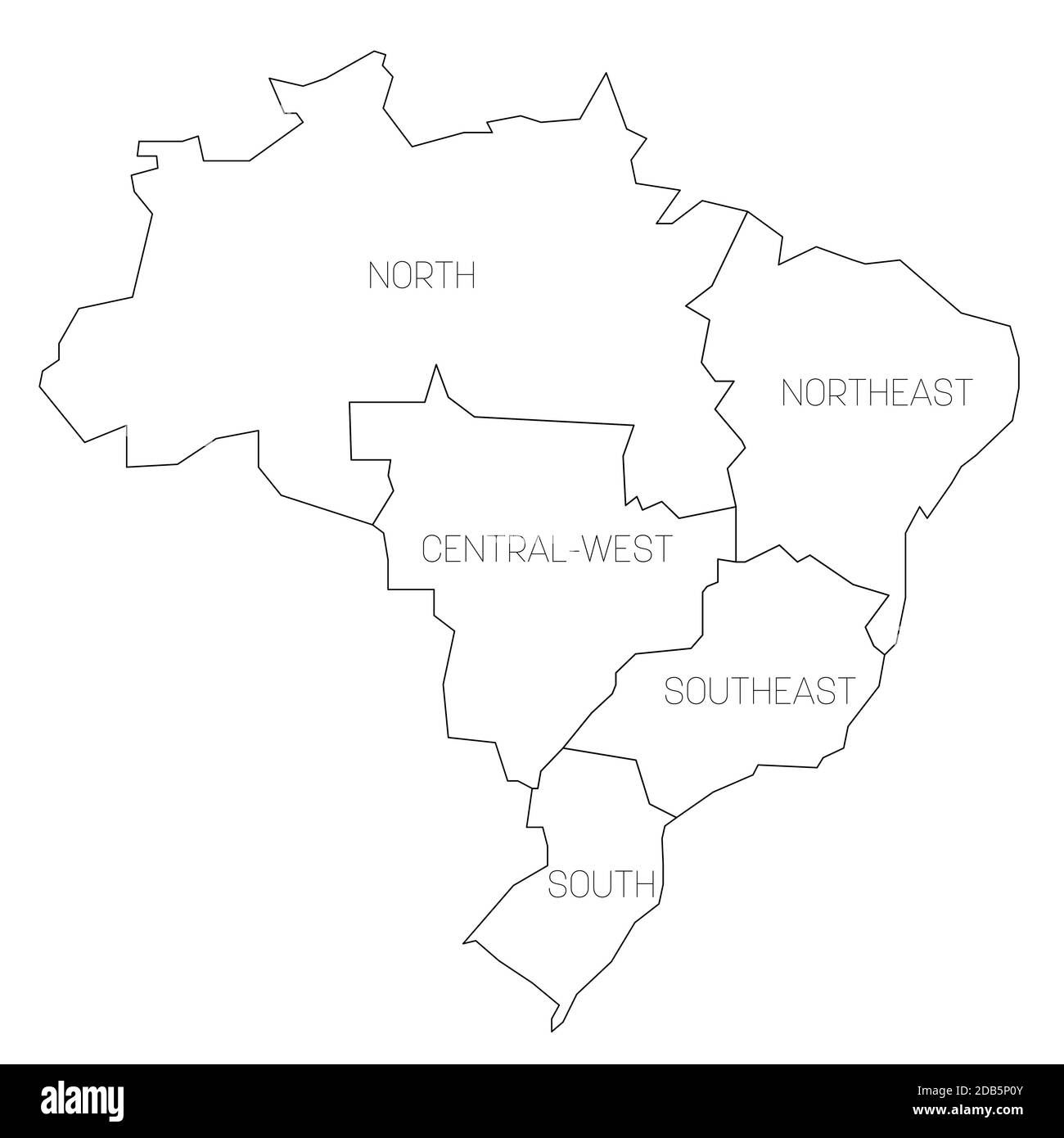 Schwarze Umrisse politische Karte von Brasilien. Staaten teilen sich durch Farbe in 5 Regionen. Einfache Vektorkarte mit Beschriftungen. Stock Vektor
