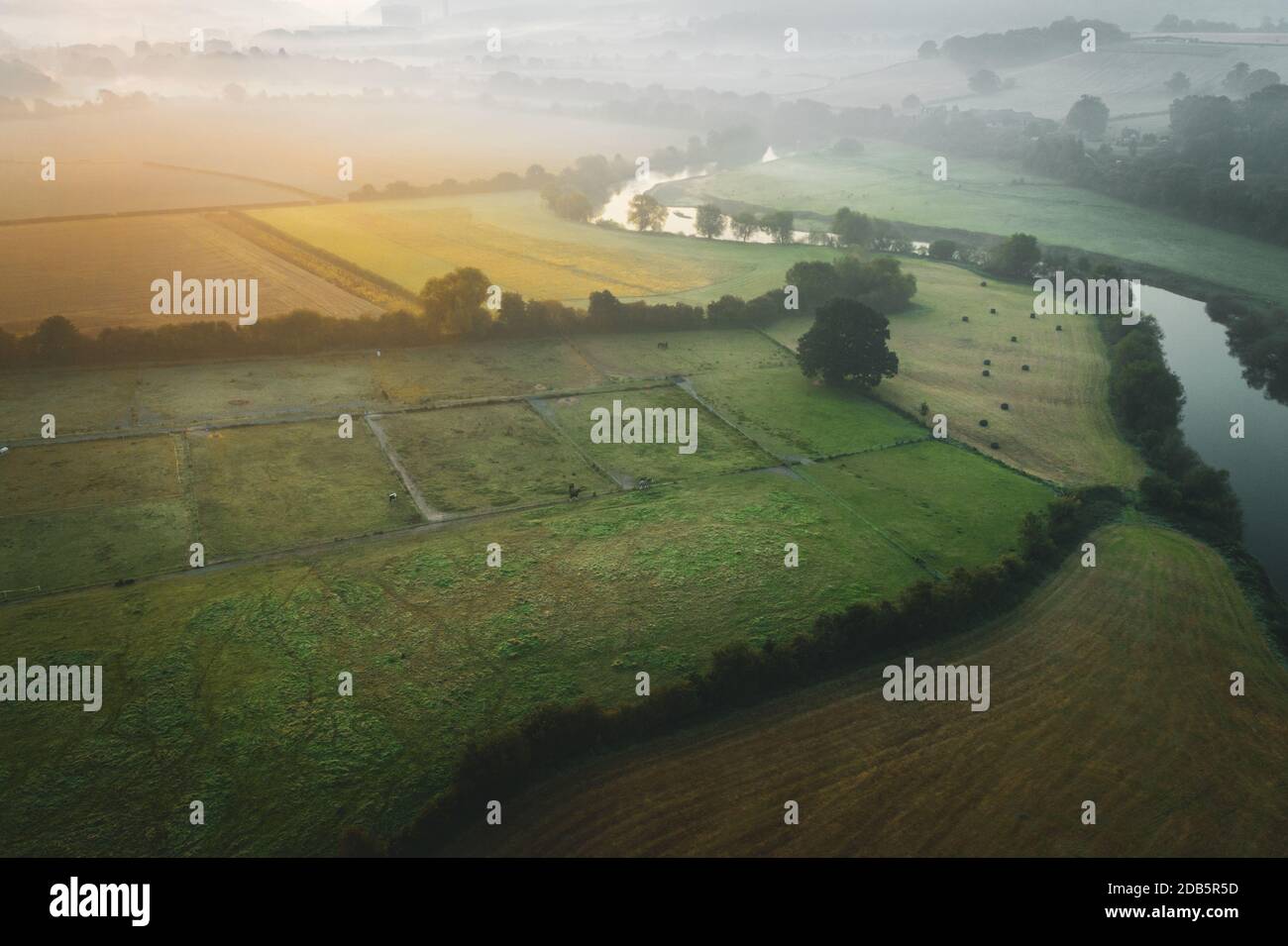 Luftaufnahme über Felder bei nebligen herbstlichen Morgen in Shropshire, Großbritannien Stockfoto