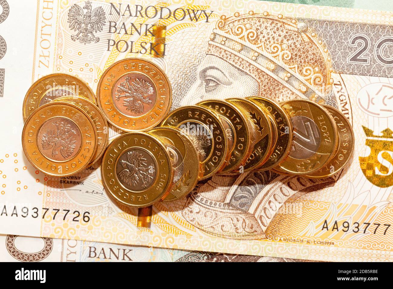 Alte polnische Zloty Bargeld, das zusammen liegt, hat das Geld Flecken und externe Nachteile von der Verwendung, Nahaufnahme Stockfoto