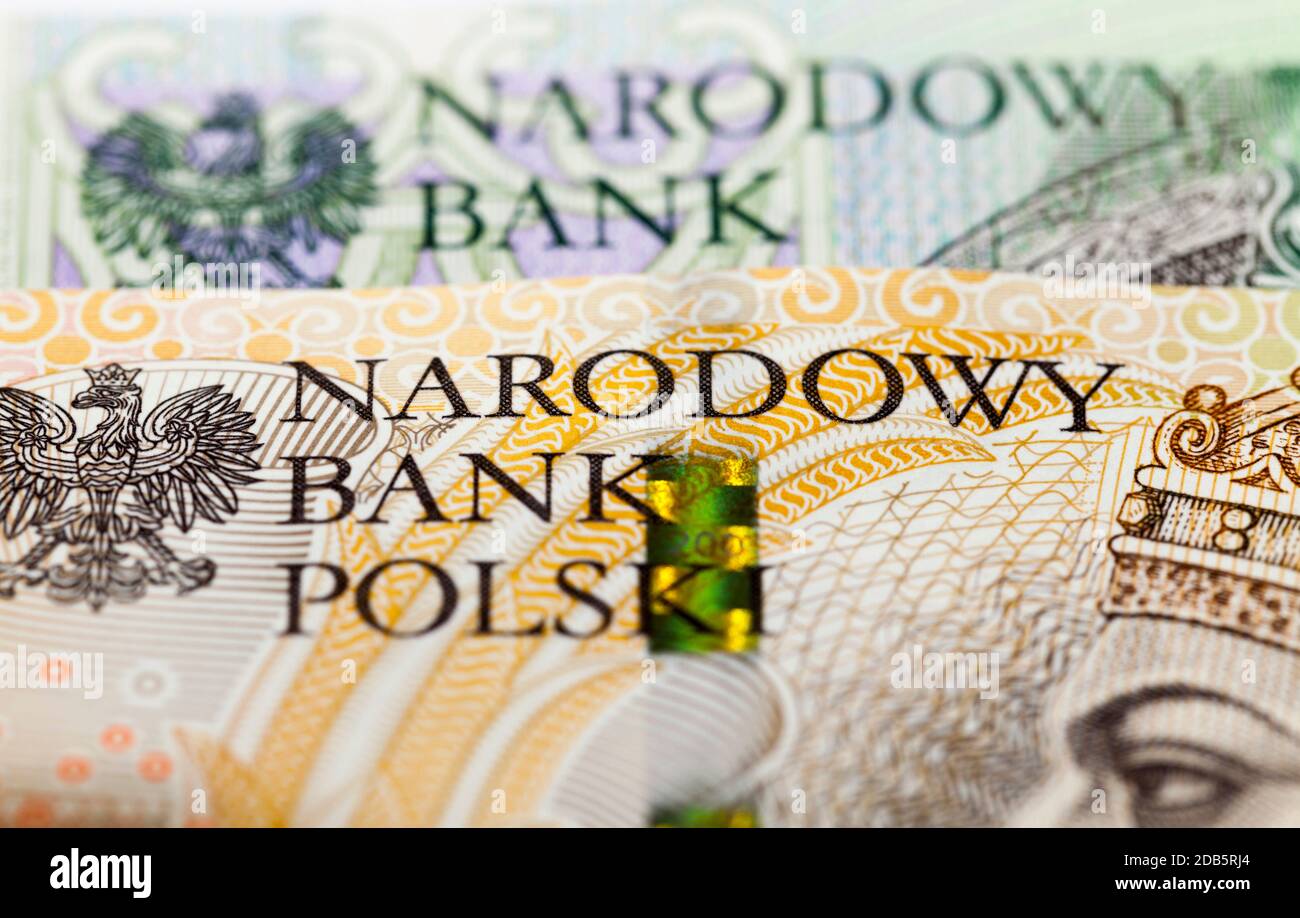Neue Banknote im Wert von einhundert und zweihundert polnischen Zlotys, Nahaufnahme von Bargeld polnischen Geld Stockfoto