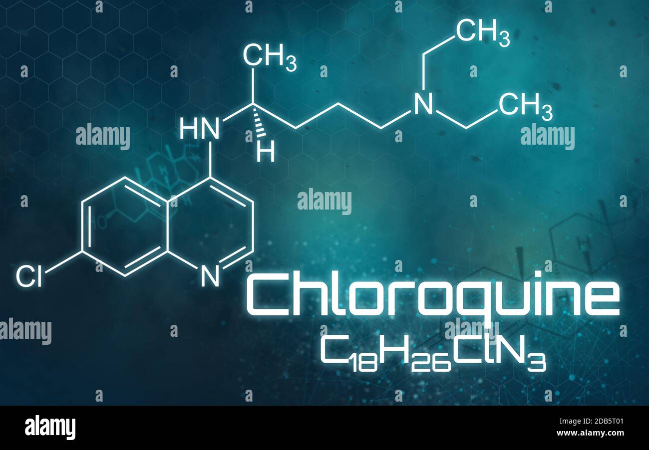 Chemische Formel von Chloroquin auf futuristischem Hintergrund Stockfoto