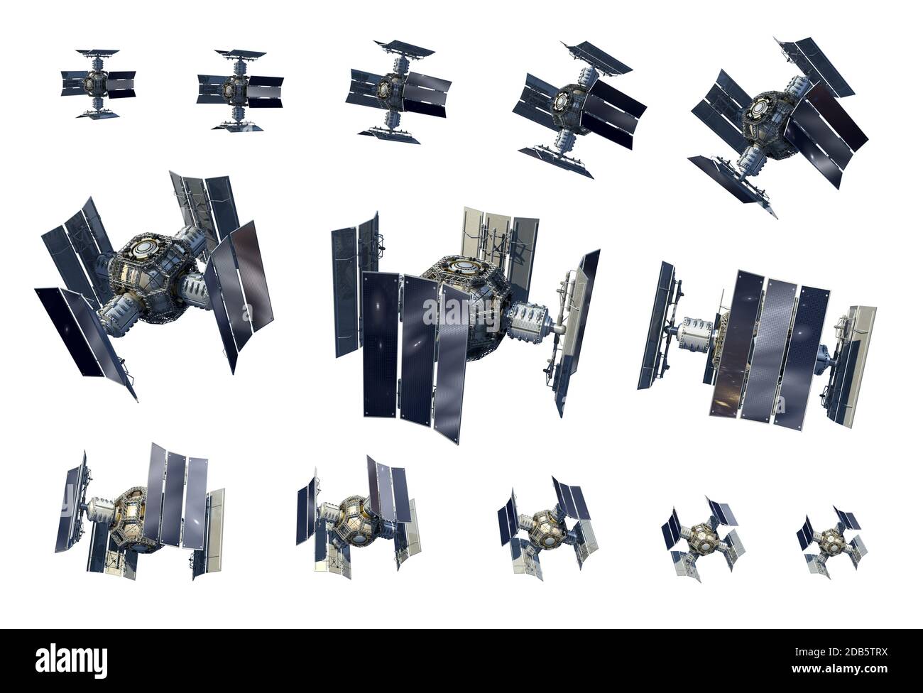 3D Illustration Instanzen eines unbemannten Raumschiffs oder Satelliten-Orbiters isoliert auf weiß mit dem Clipping-Pfad in der Datei enthalten, für Science Fi Stockfoto