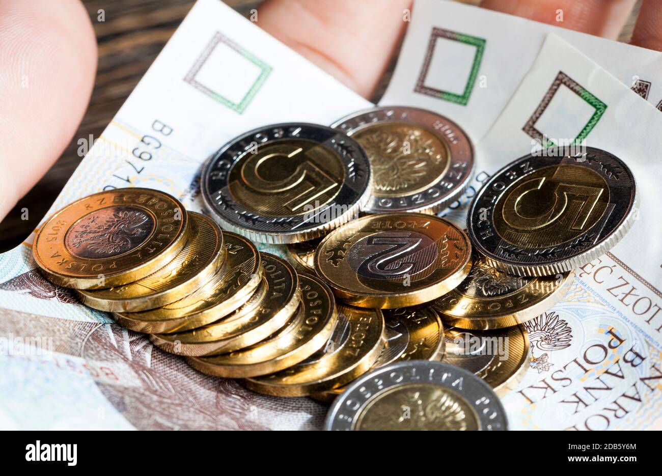 Bargeld Polnische Münzen, die nationale Währung Polens, das Teil der Europäischen Union ist Stockfoto