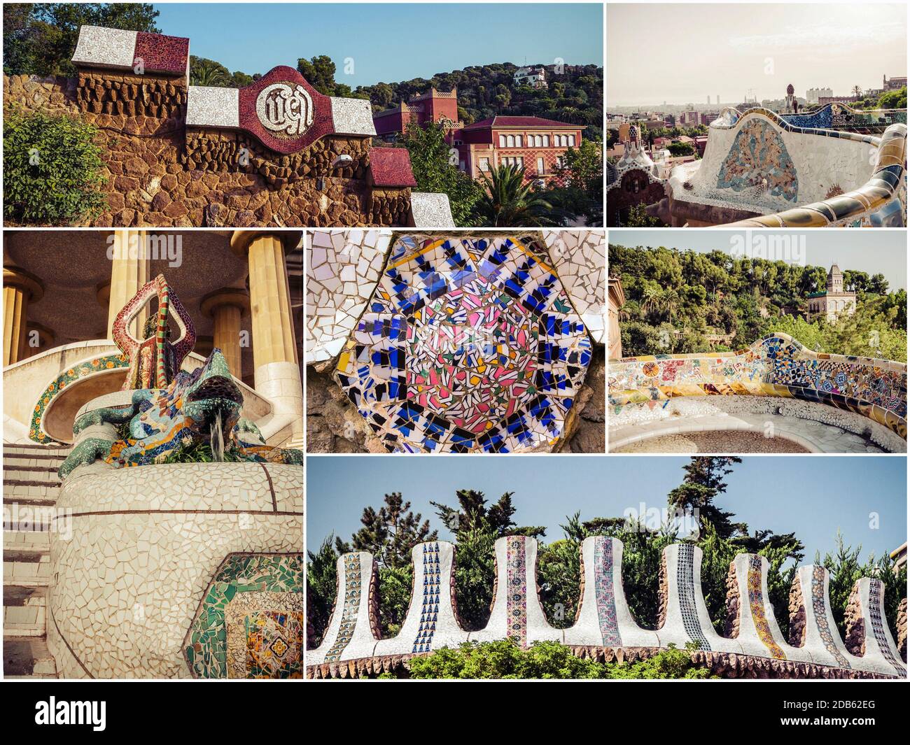 Set Park Guell in Barcelona, Spanien. Retro-Style im Vintage-Look Stockfoto Set Park Guell in Barcelona, Spanien. Retro-Style im Vintage-Look Stockfoto