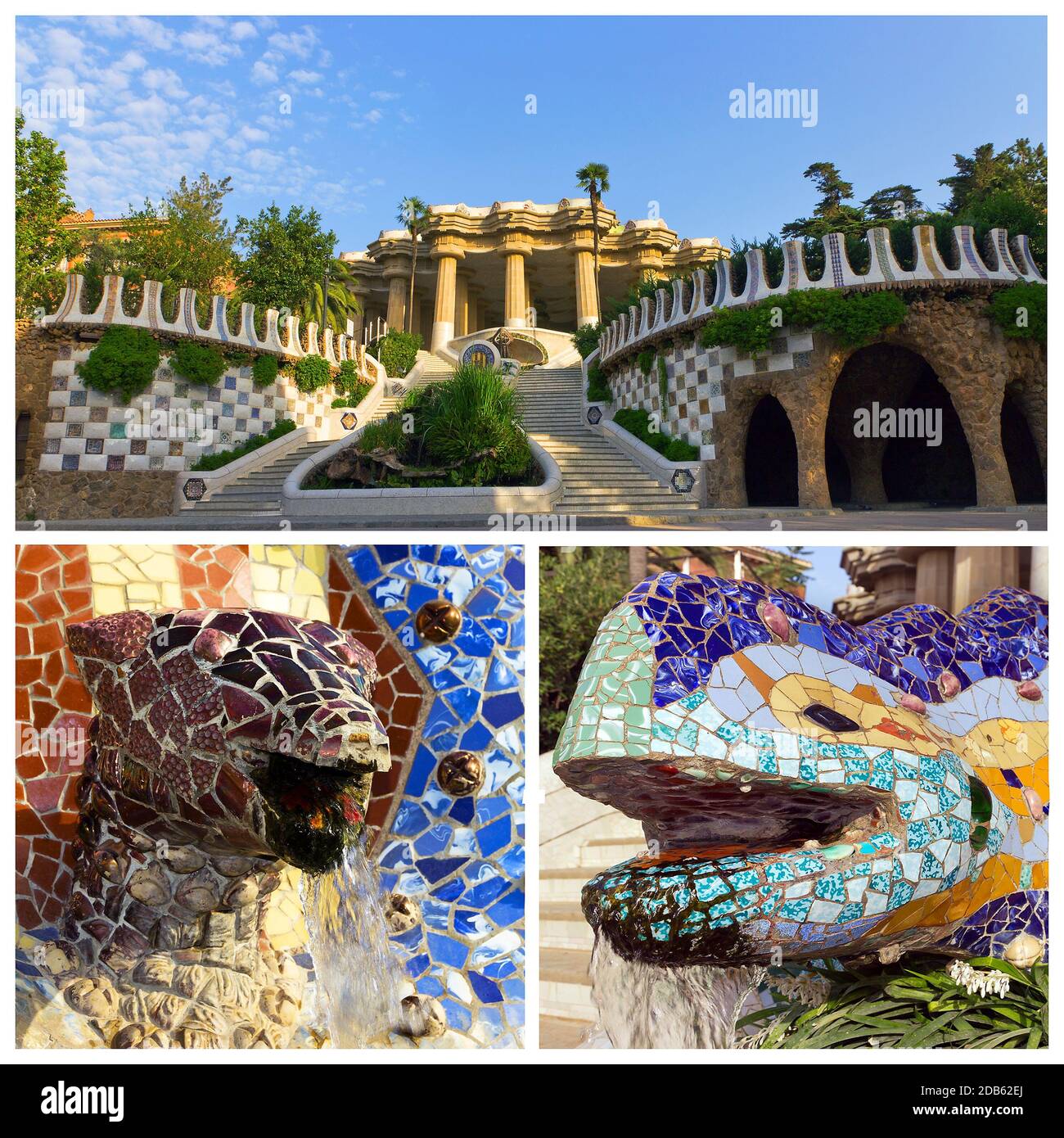 Setzen Sie Drachen mit Zierschlange im Guell Park, Barcelona, Spanien Stockfoto Setzen Sie Drachen mit Zierschlange im Guell Park, Barcelona, Spanien Stockfoto