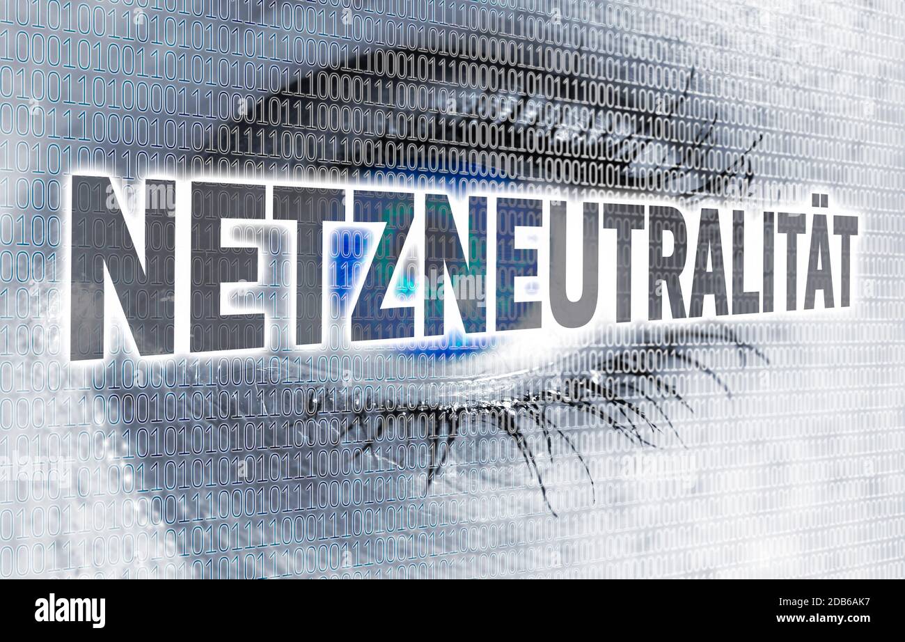 Netzneutralitaet (im deutschen Net Neutrality) Auge mit Matrix schaut Betrachter Konzept. Stockfoto