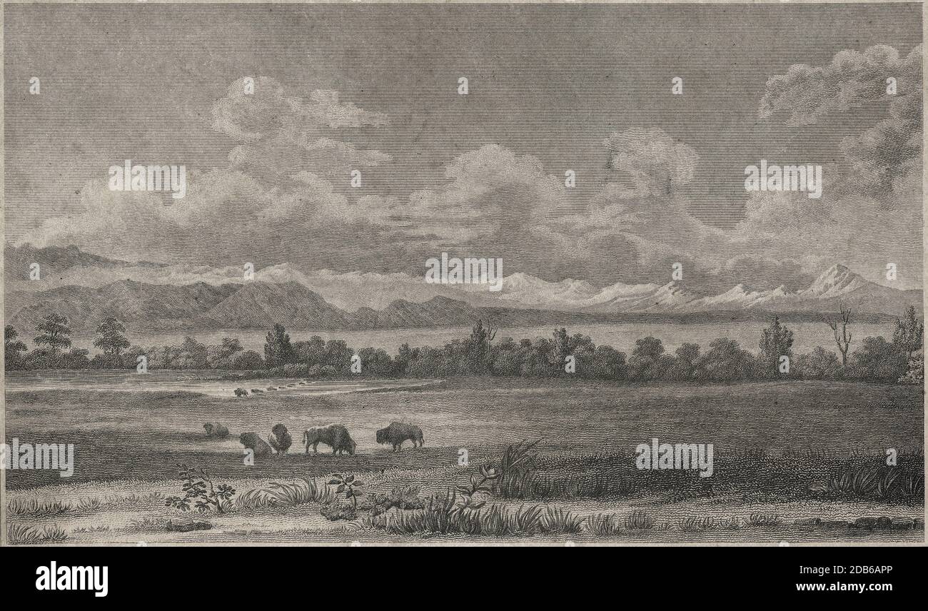 Antike Gravur C1820, „Blick auf die Rocky Mountains auf der Platte 50 Meilen von ihrer Basis.“ QUELLE: ORIGINALGRAVUR Stockfoto