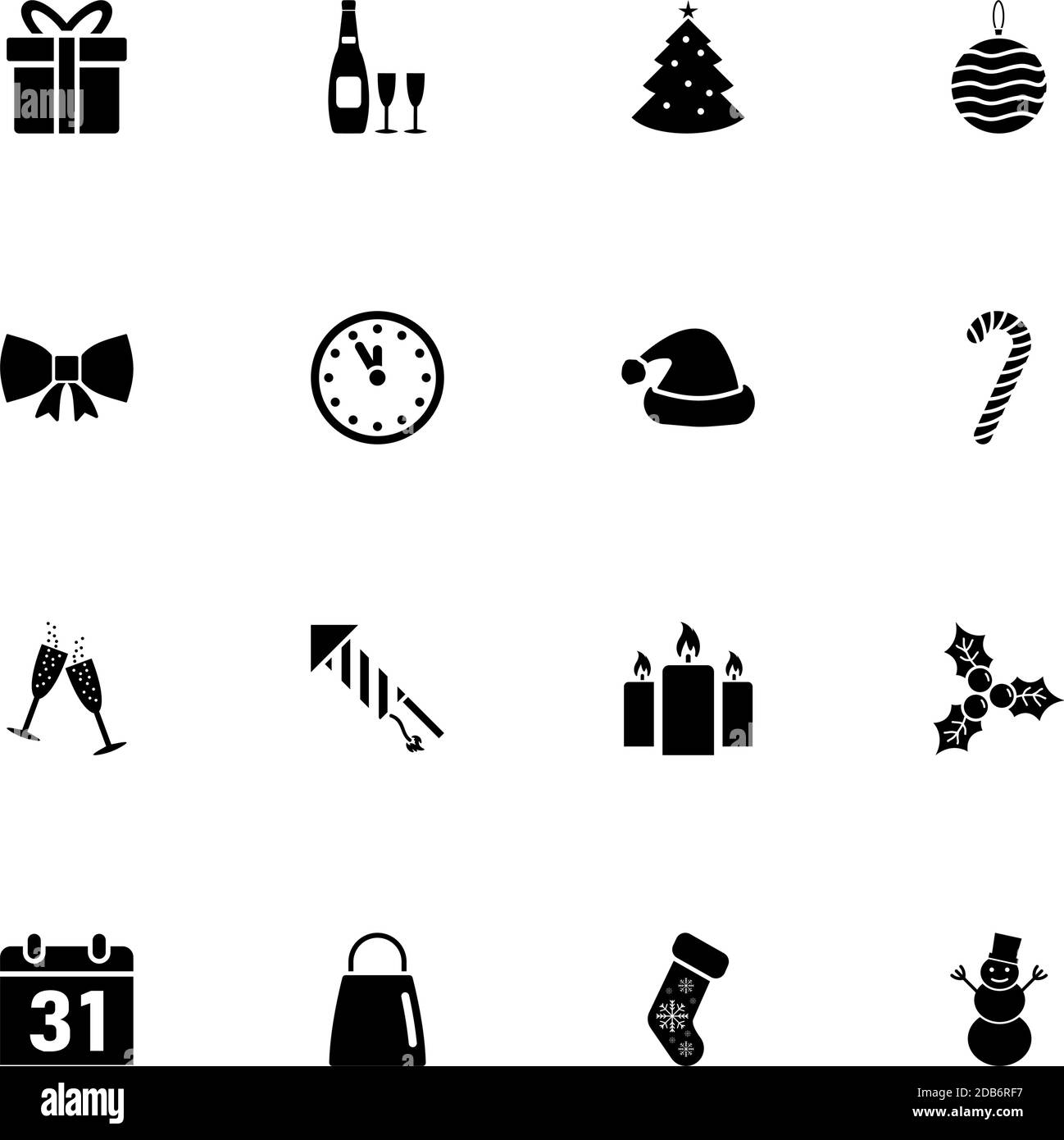 Symbol „Neujahr“ - auf beliebige Größe erweitern - auf beliebige Farbe ändern. Perfect Flat Vector enthält Symbole wie Bogen, Petard, weihnachtsbaum, Kalender, Uhr, PR Stock Vektor