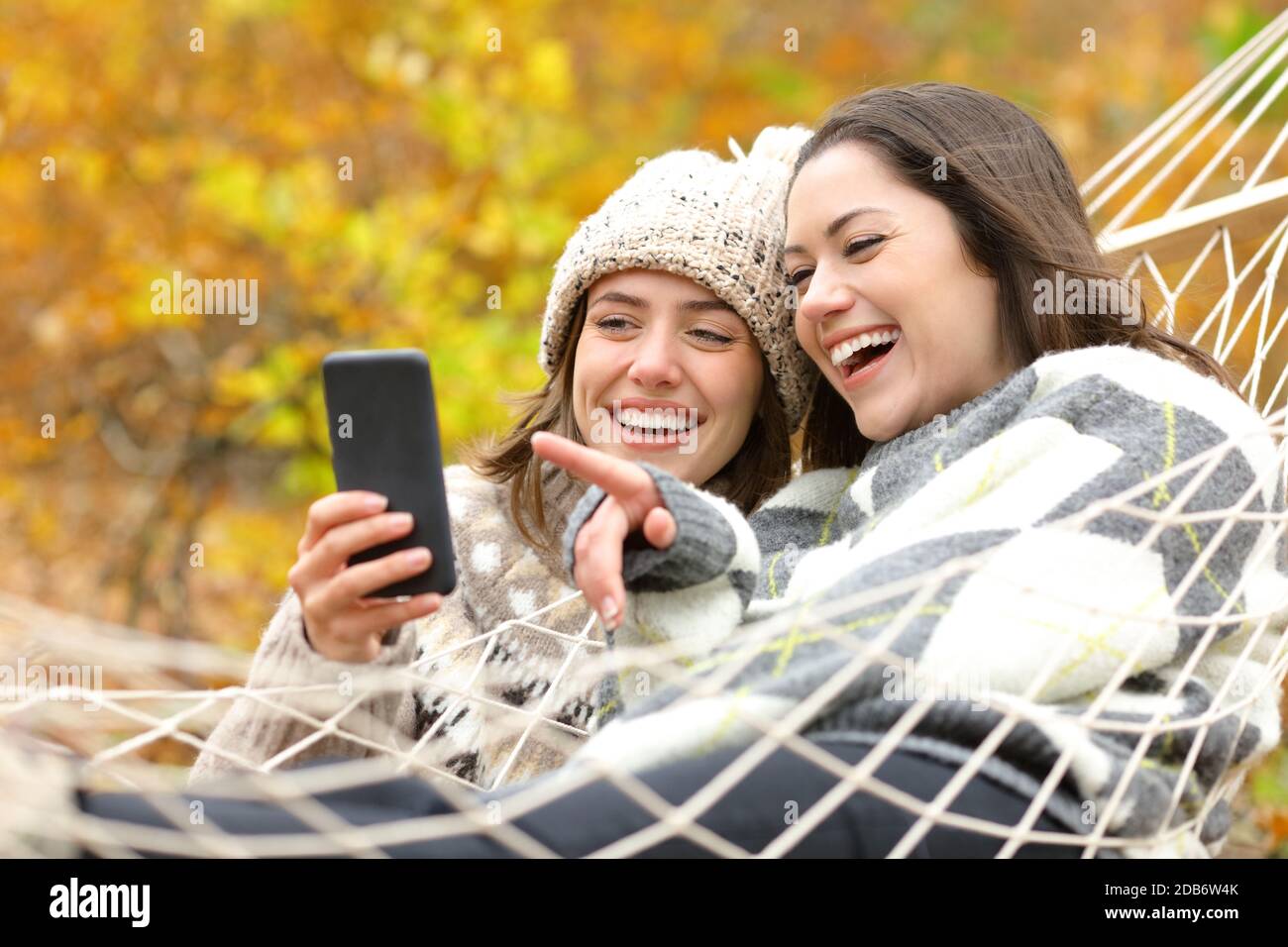 Zwei glückliche Freunde, die Smartphone in einer Hängematte innen überprüfen Herbstsaison im Wald Stockfoto