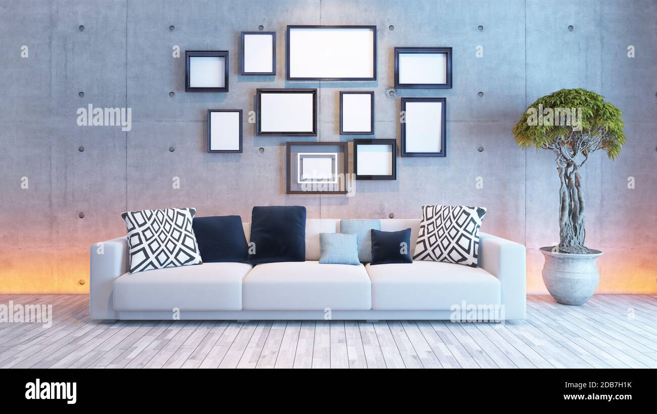 Wohnzimmer oder Salon Interieurdesign mit unter hellen Wand und Bilderrahmen 3D-Rendering Stockfoto