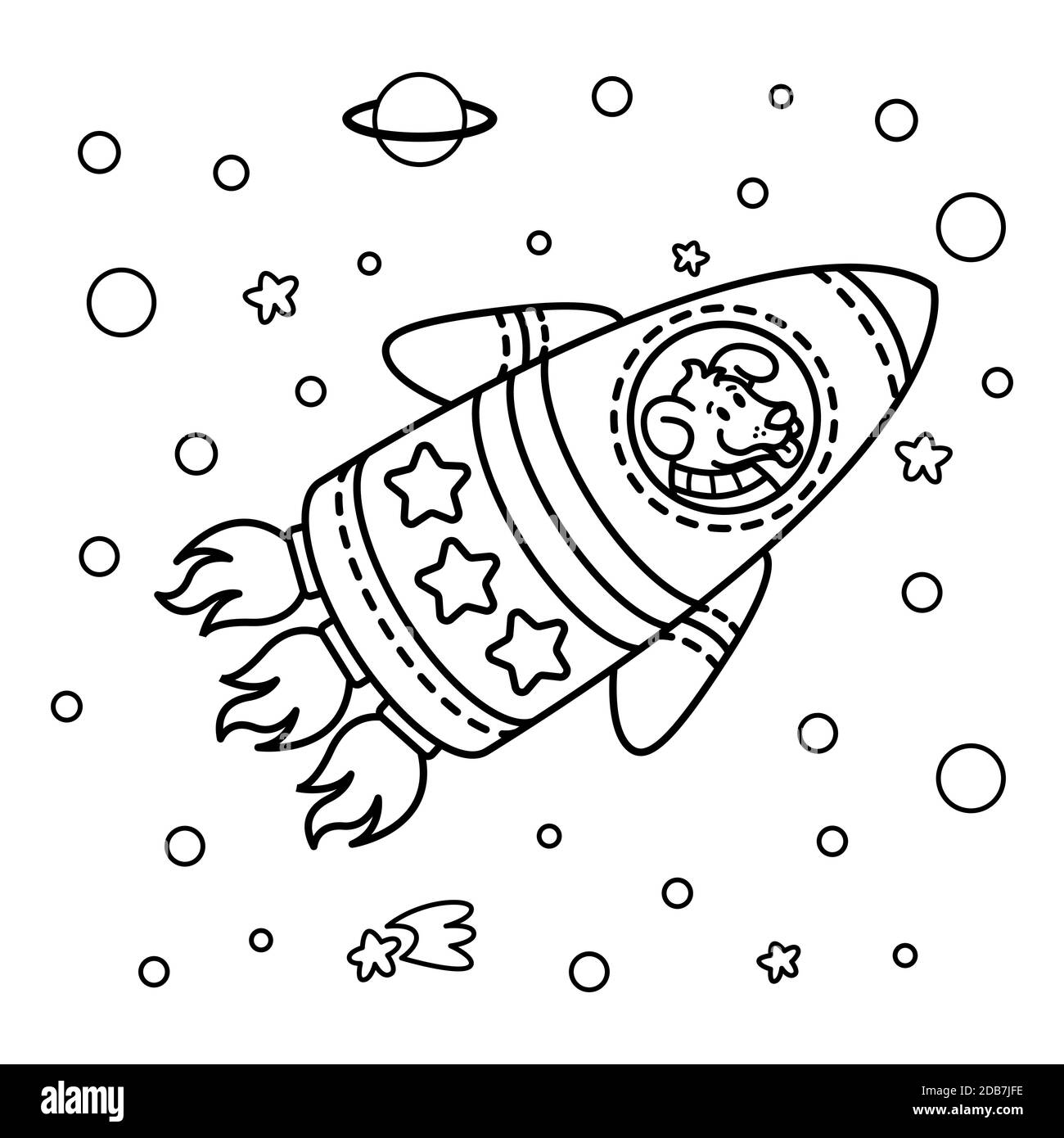 Hund in einem Raketenraumschiff. Sterngalaxie. Netter Kosmonaut Hund im Weltraum. Vektor-Illustration zum Thema Raum in kindischem Stil. Bild für Farbe Stock Vektor
