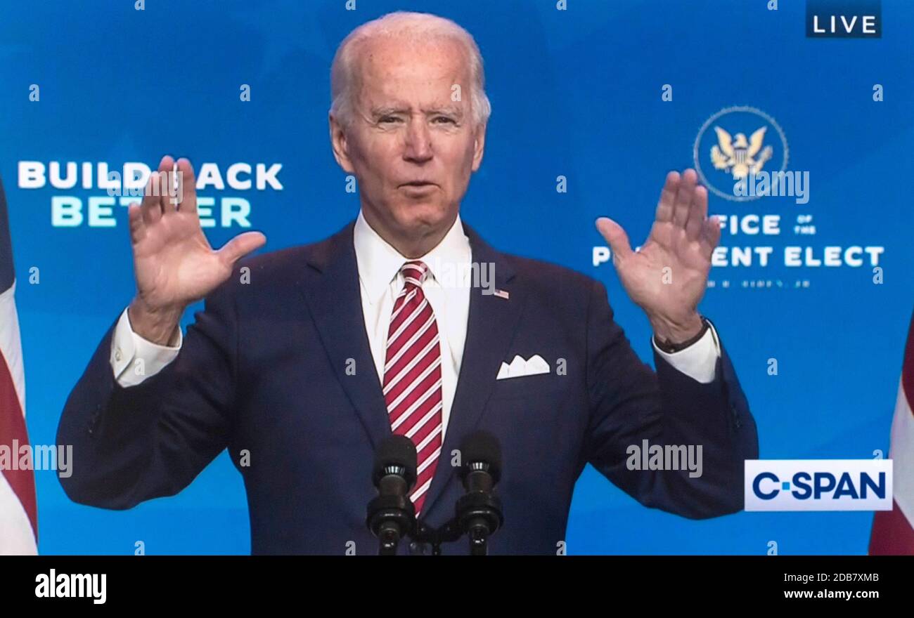 Wilmington, Delaware, USA. November 2020. Videoaufnahme von C-SPAN's Berichterstattung über den designierten Präsidenten JOE BIDEN, der Bemerkungen über die amerikanische Wirtschaft liefert. Kredit: C-span/ZUMA Wire/Alamy Live Nachrichten Stockfoto