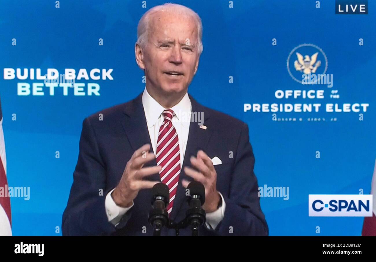 Wilmington, Delaware, USA. November 2020. Videoaufnahme von C-SPAN's Berichterstattung über den designierten Präsidenten JOE BIDEN, der Bemerkungen über die amerikanische Wirtschaft liefert. Kredit: C-span/ZUMA Wire/Alamy Live Nachrichten Stockfoto